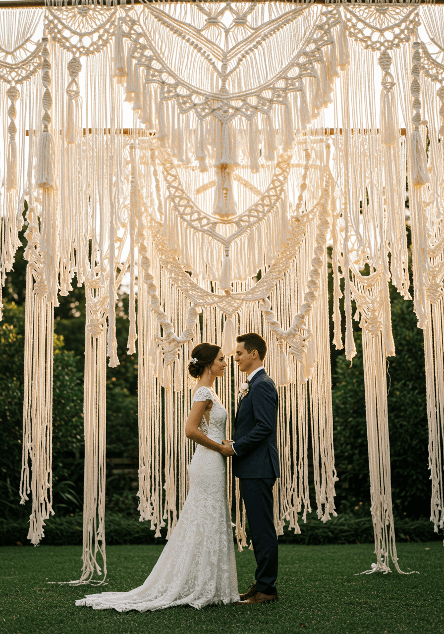 Bride and groom standing beneath elaborate macramé canopy with intricate knotted patterns during outdoor ceremony