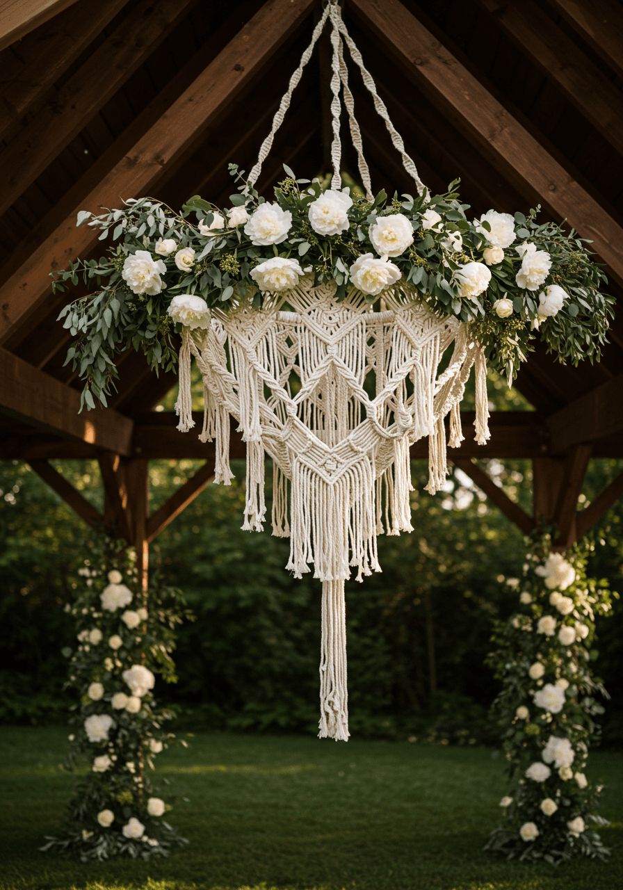 Large macramé chandelier with white peonies and eucalyptus suspended in outdoor garden pavilion during golden hour