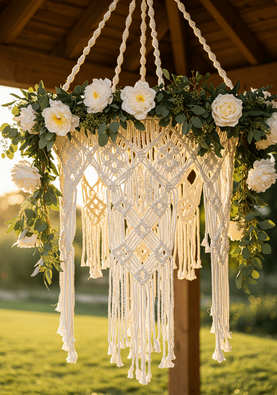 Close-up view of macramé floral chandelier with diamond patterns and cascading flowers