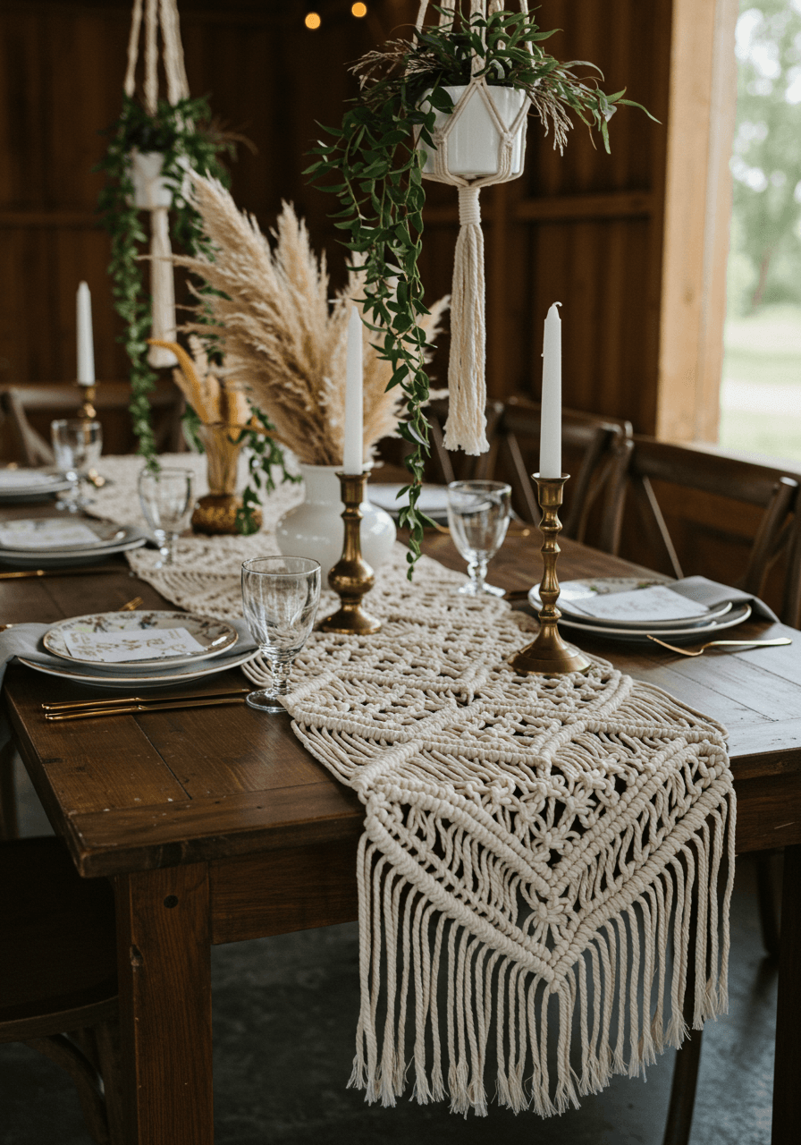 Elegant macramé table runner with geometric diamond patterns on long farmhouse dining table