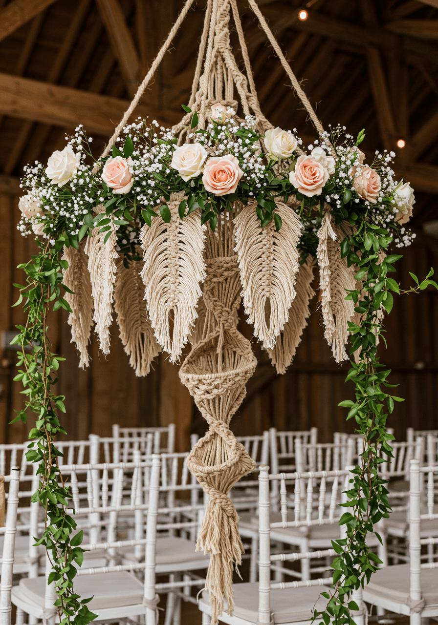 Elaborate macramé floral chandelier with roses and baby's breath suspended above white chairs in rustic barn