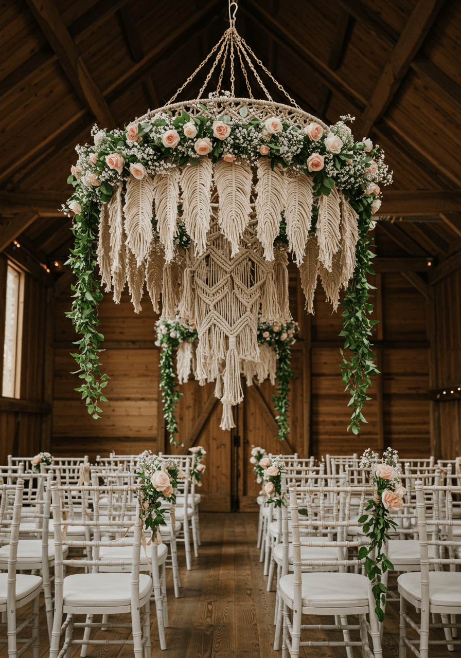 Detail shot of jute rope chandelier with blush roses hanging in barn wedding venue
