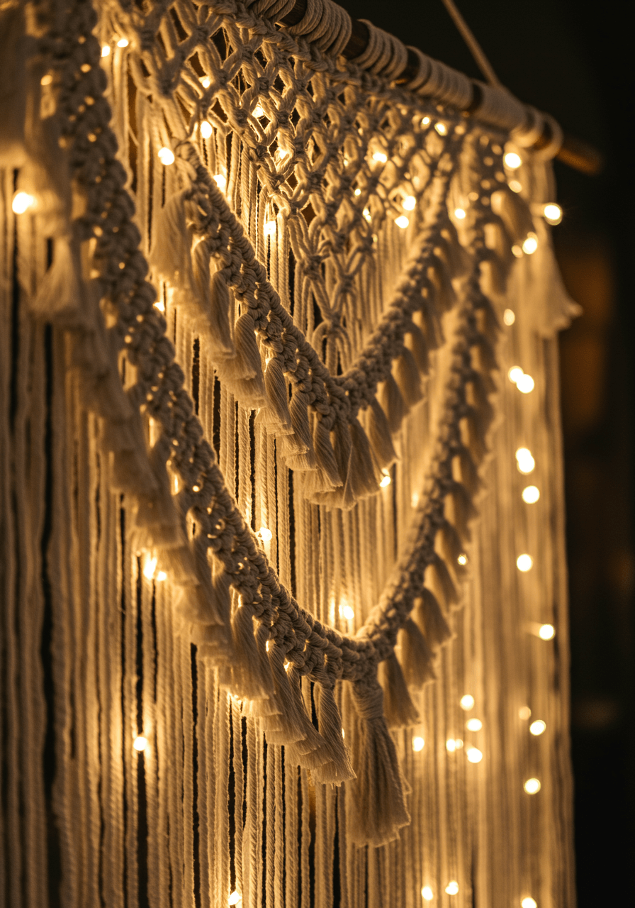 Cascading macramé wall hanging with integrated string lights in indoor reception venue