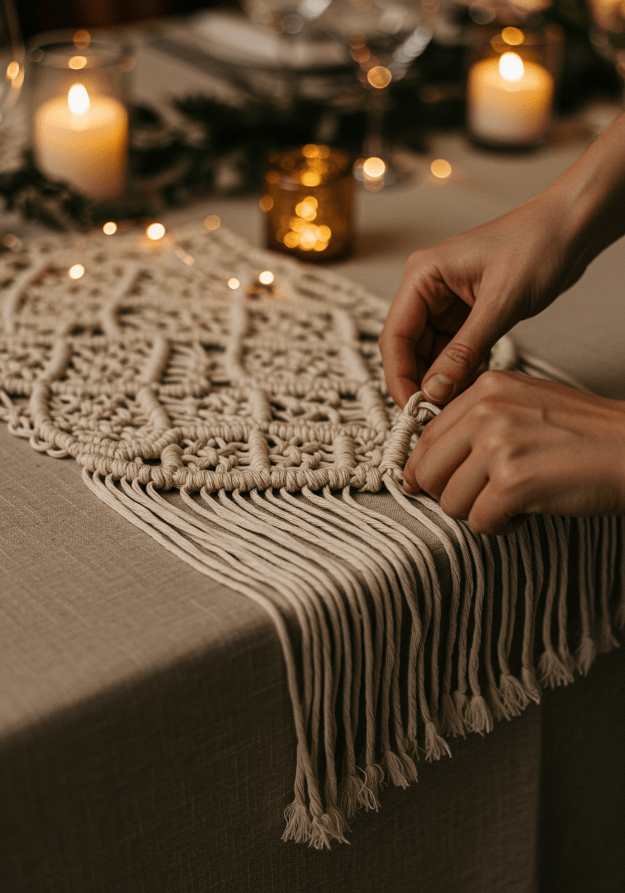 Hands adjusting intricate macramé table runner with Celtic knot patterns on linen-covered reception table