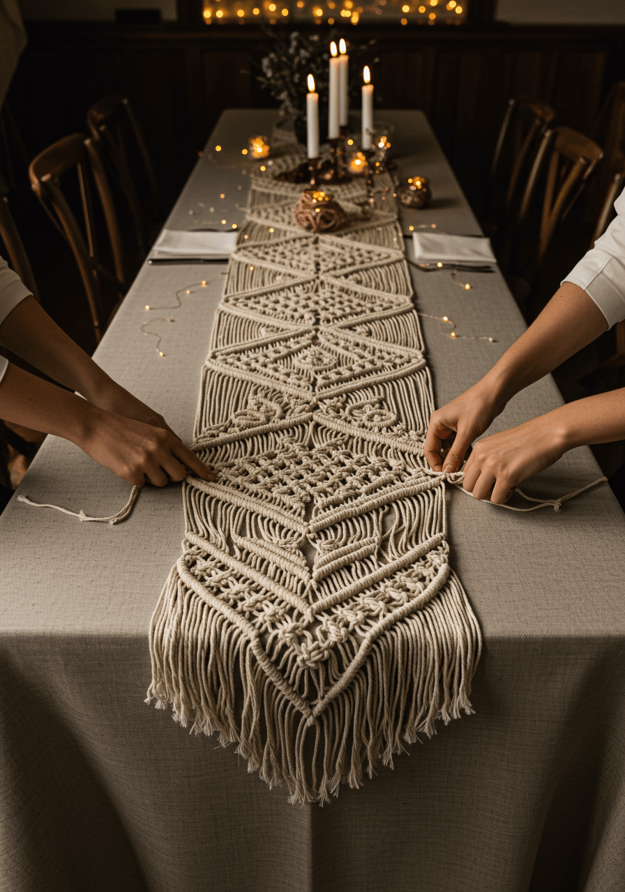 Wide view of elegant reception table setup with detailed macramé runner centrepiece