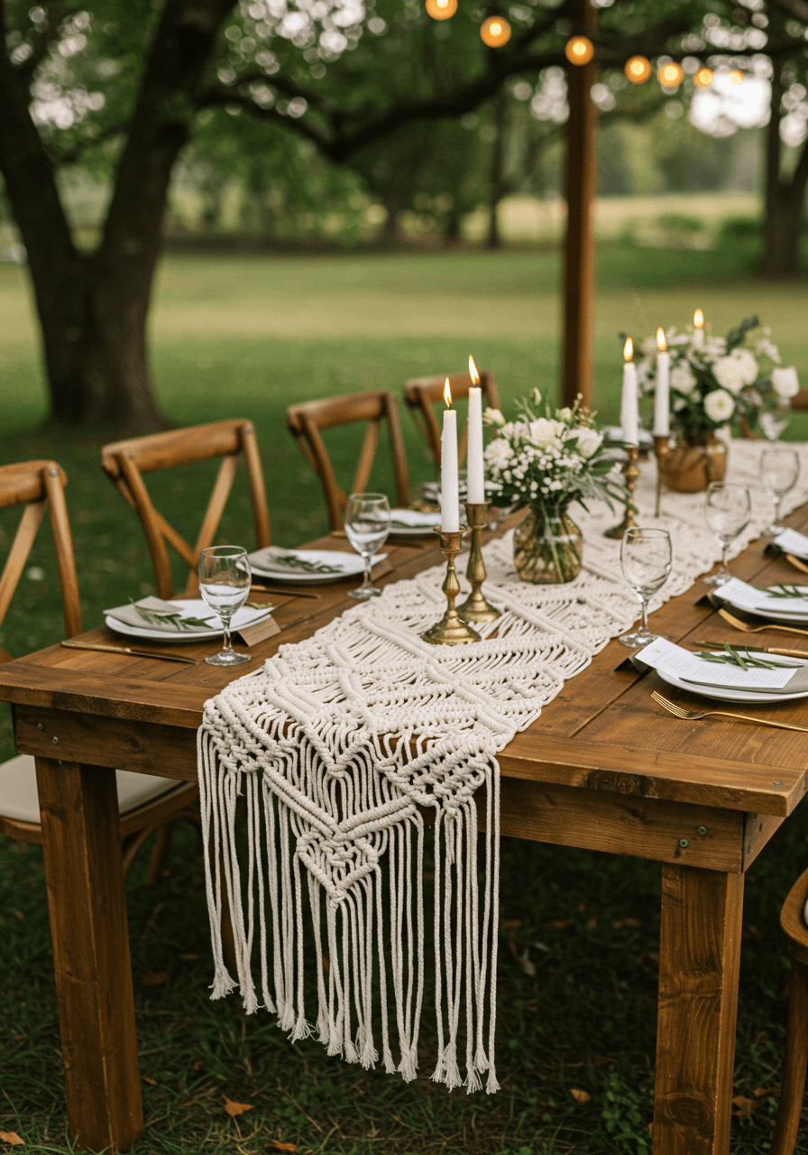 Macramé table runner with geometric patterns on rustic wooden reception table with elegant place settings during golden hour