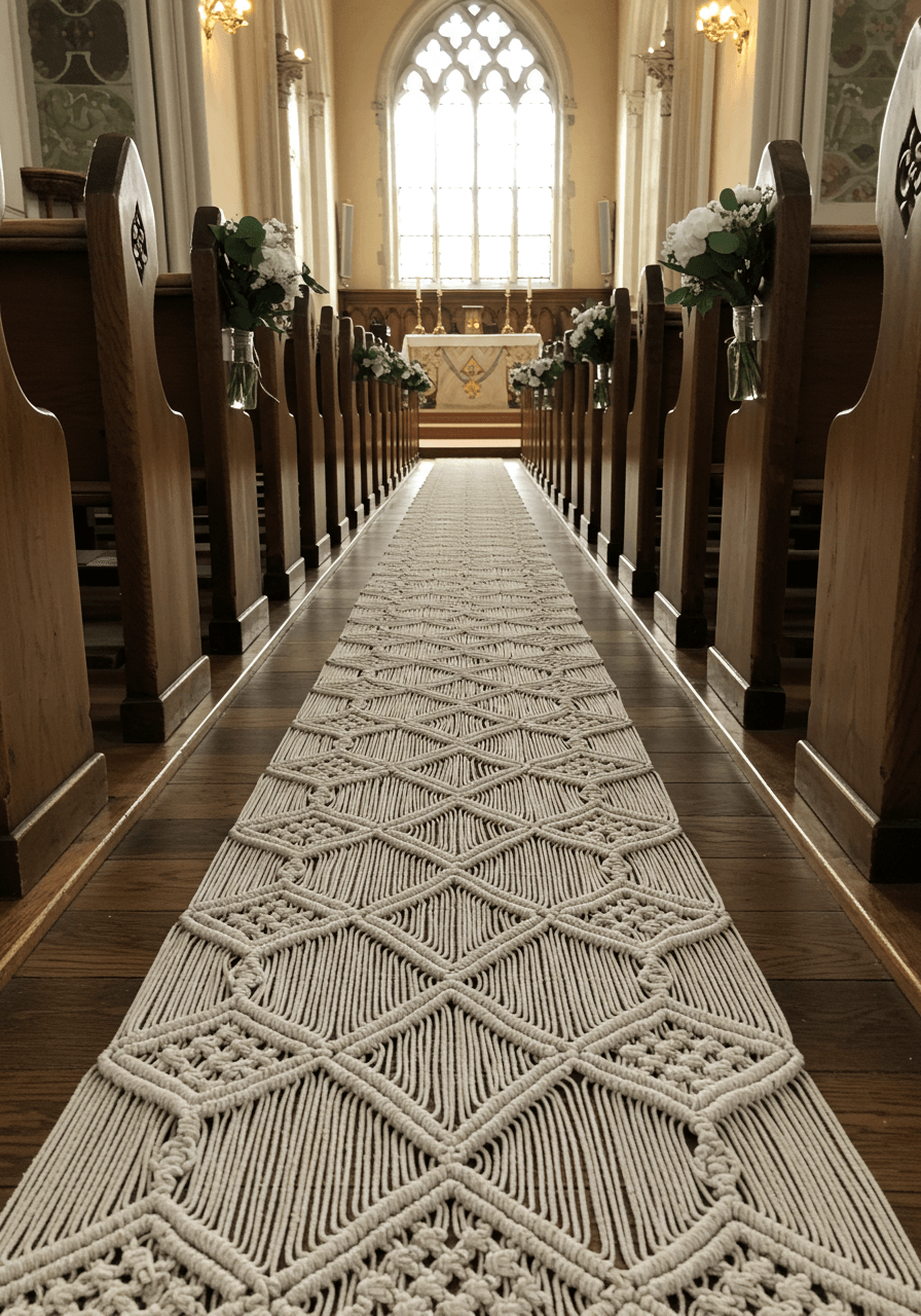 Intricate macramé aisle runner with diamond patterns laid down church aisle between wooden pews in soft morning light