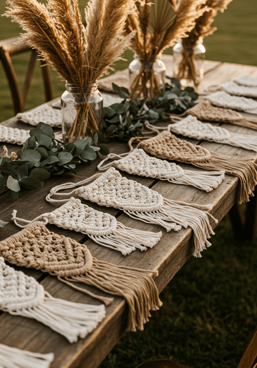 Multiple macramé wedding favour bags in neutral tones arranged on rustic table with dried botanicals