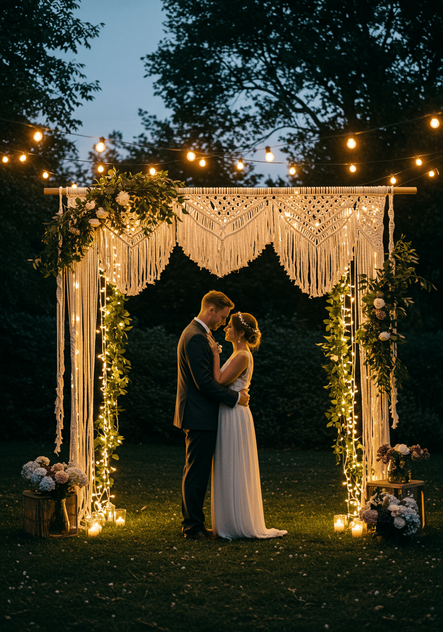 Newlywed couple embracing beneath elegant macramé canopy with warm string lights in garden setting