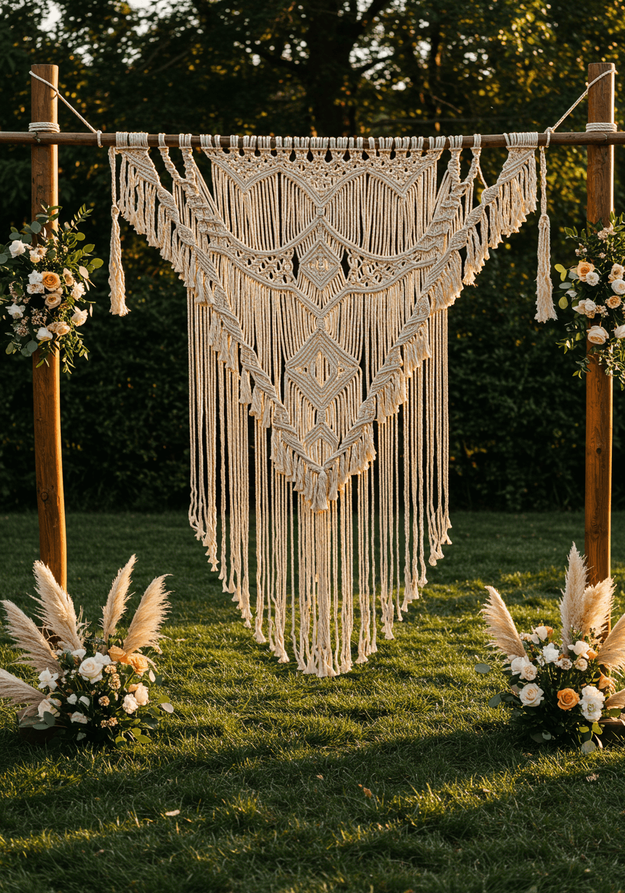 Wide angle view of macramé canopy suspended between wooden posts in garden ceremony setting