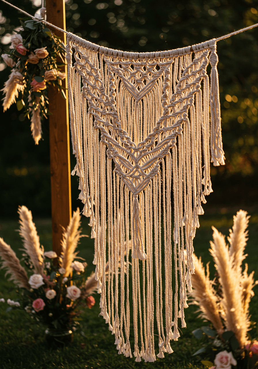Detail shot of ornate macramé ceremony canopy with diamond patterns and fringe details