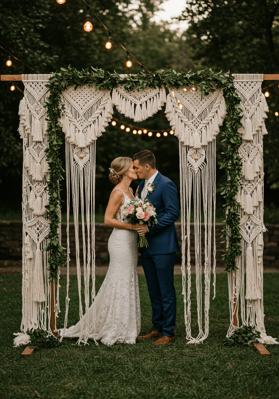 Bride and groom posing playfully within elaborate macramé photo booth frame with tassels and string lights