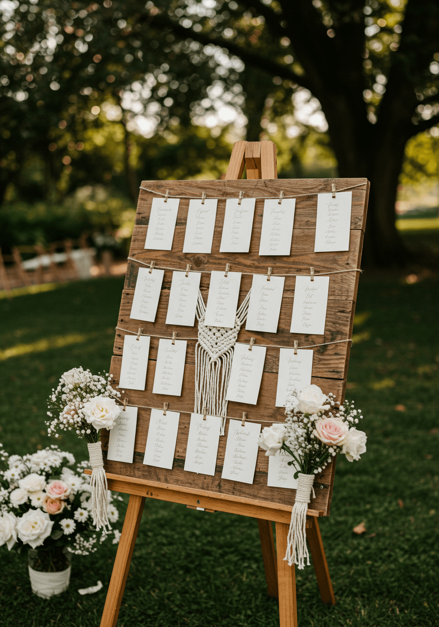 Rustic wooden easel displaying handwritten place cards with delicate macramé cord holders in garden setting