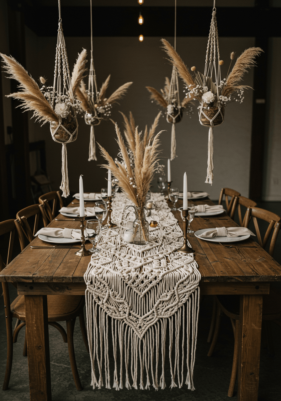 Farmhouse dining table with macramé runner, vintage china, and brass candlesticks in barn venue