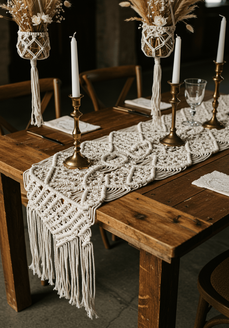 Vintage macramé table runners with intricate patterns on rustic wooden table surrounded by hanging plant holders