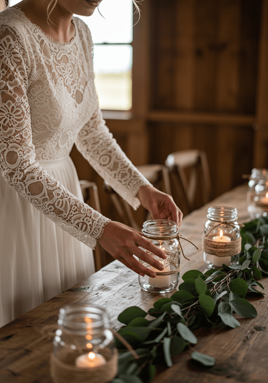 Bride in flowing bohemian lace wedding dress gently placing tea light candles into vintage mason jars on wooden reception table in barn venue during golden hour