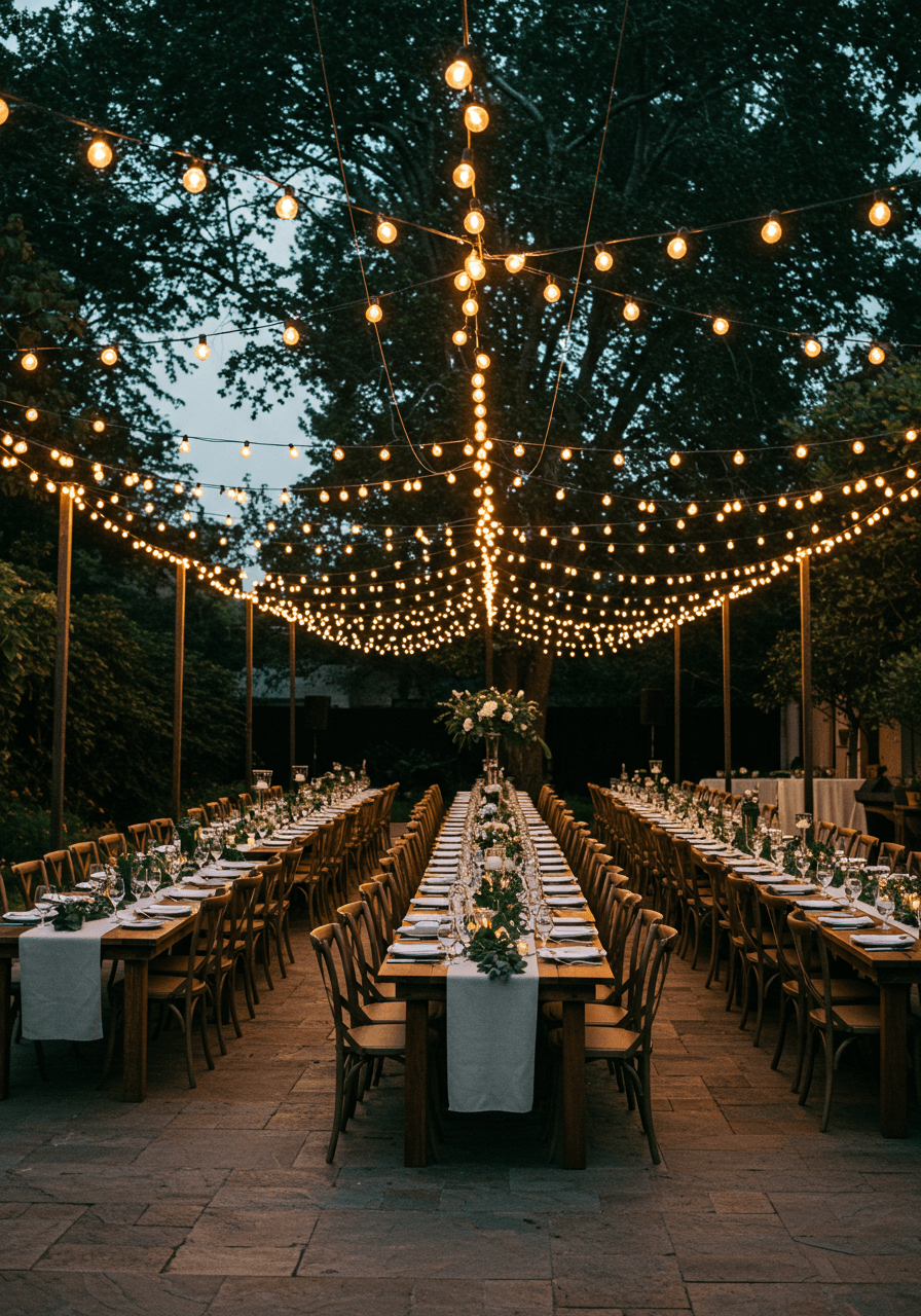 Elegant outdoor wedding reception setup with long farm tables arranged beneath stunning overhead installation of crisscrossed bistro light strings during early evening