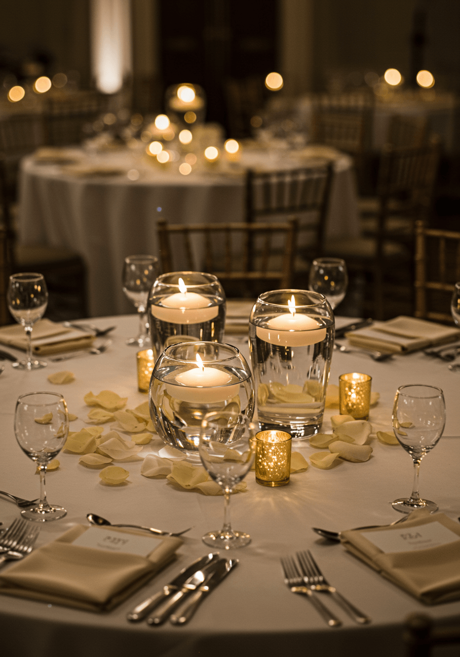 Floating candles in clear glass bowls as elegant centerpieces on round reception table with white linens in softly lit ballroom