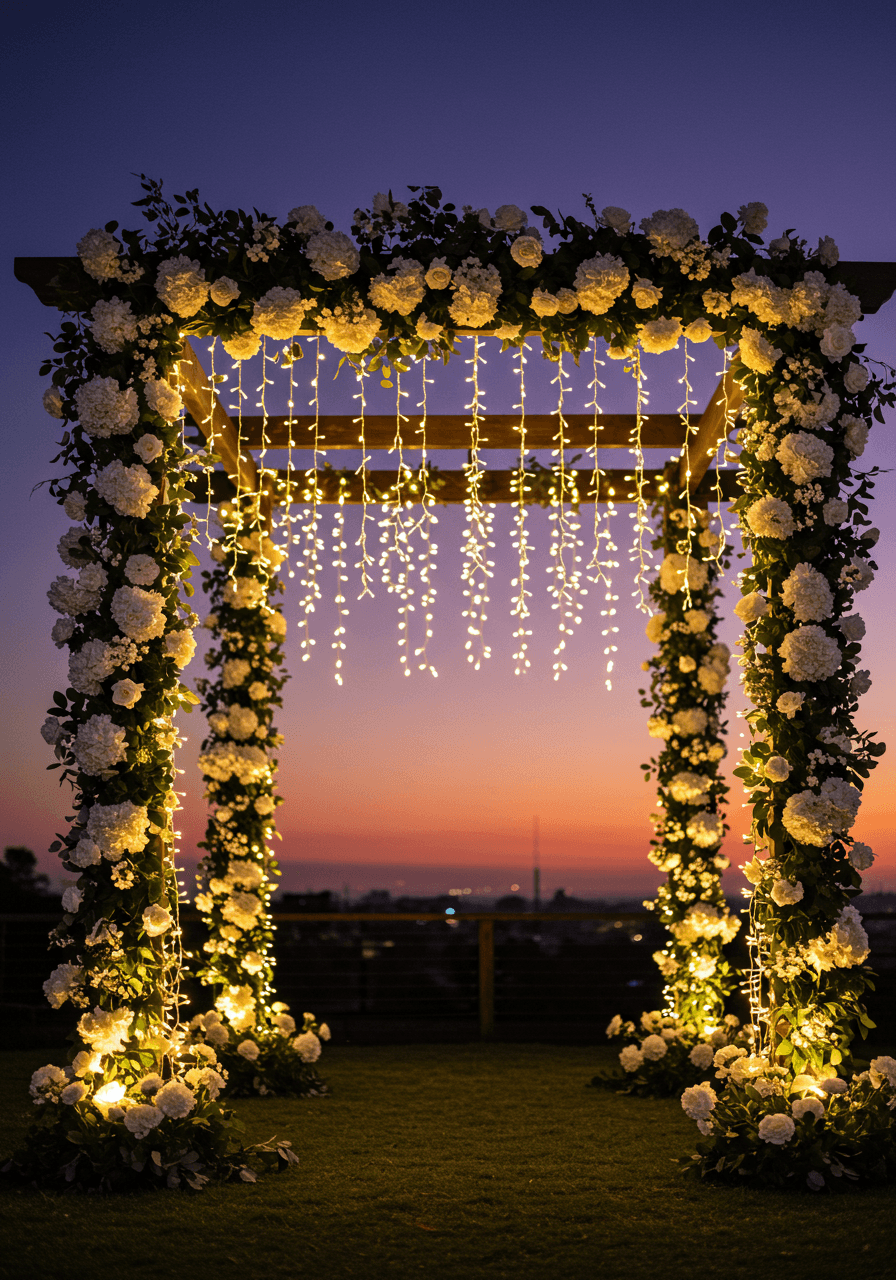 Elaborate floral wedding arch decorated with thousands of warm white fairy lights creating stunning backdrop in outdoor evening ceremony venue during dusk