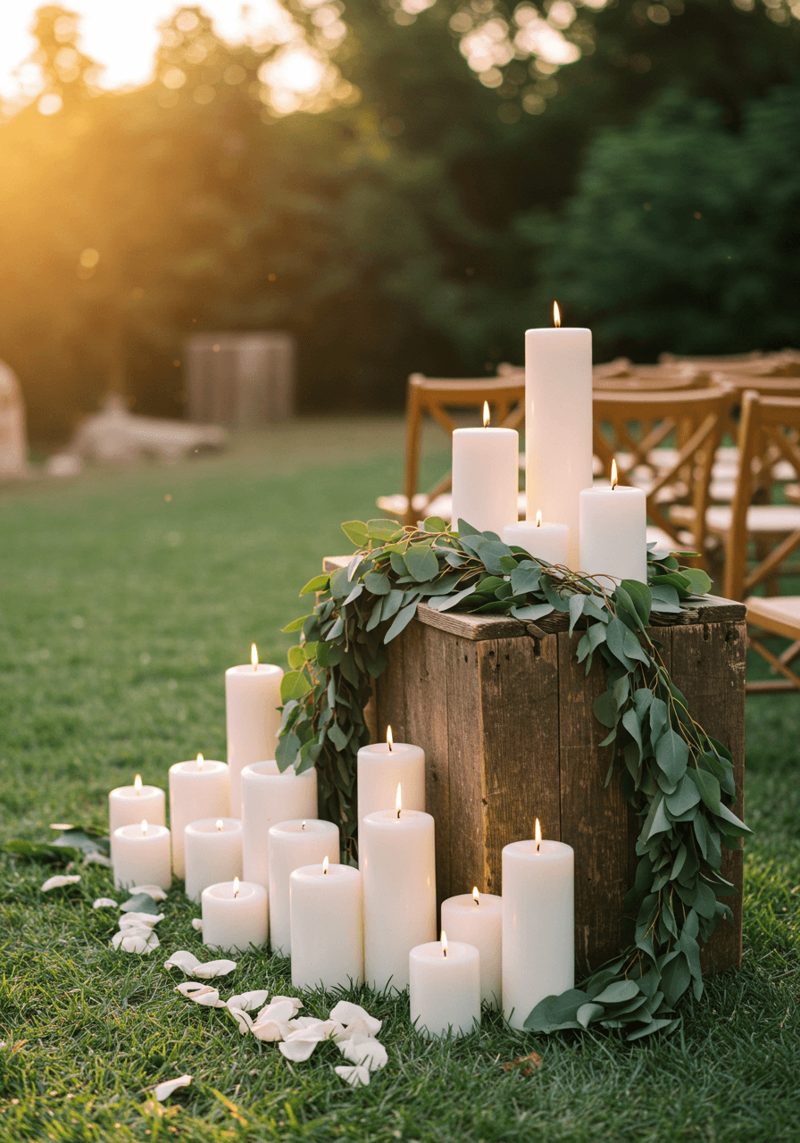 White pillar candles of varying heights arranged on rustic wooden altar decorated with eucalyptus garlands in outdoor garden ceremony space during golden hour