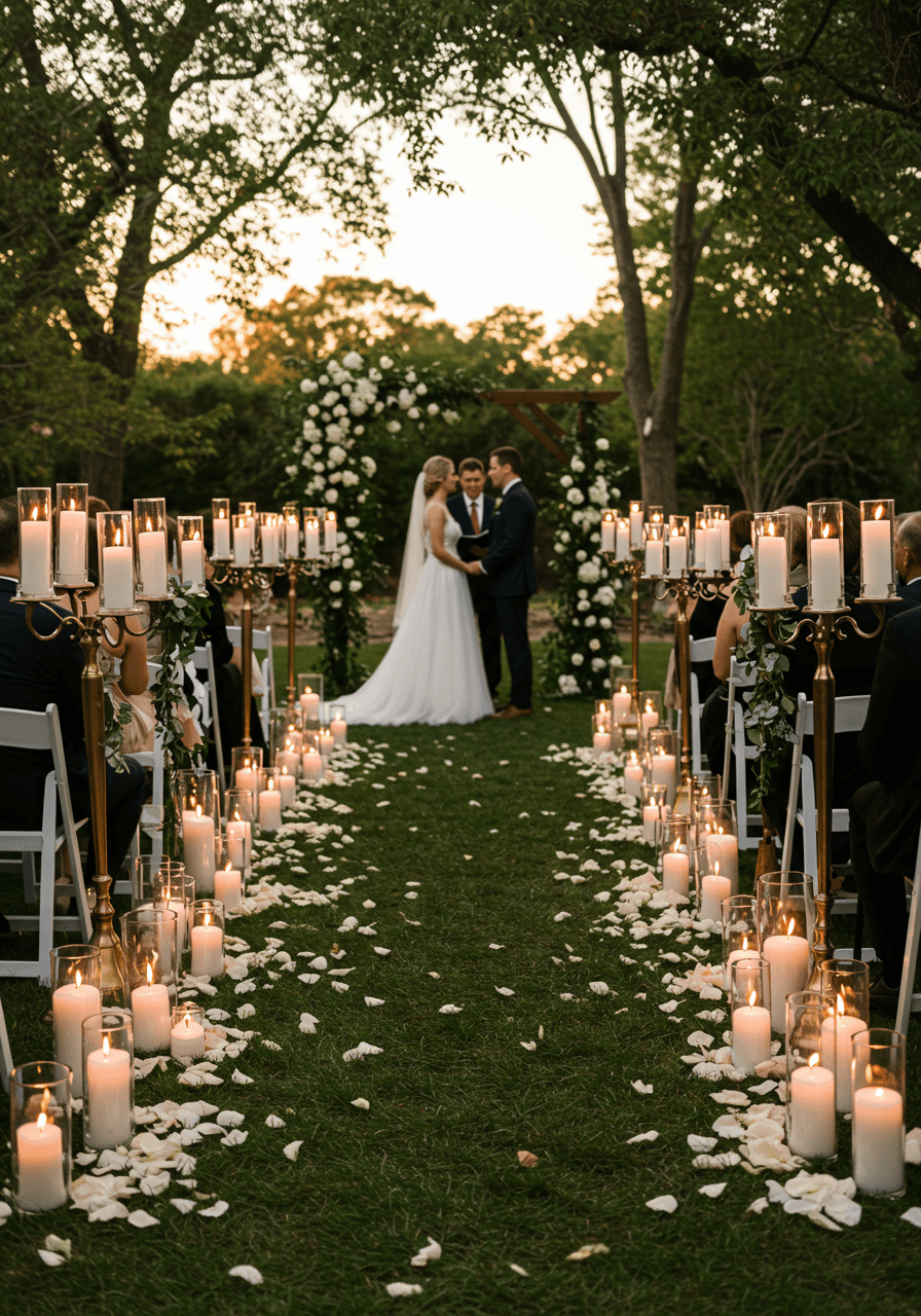 Bride and groom exchanging vows at outdoor garden altar with tall white pillar candles in gold candelabras lining ceremony aisle during golden hour