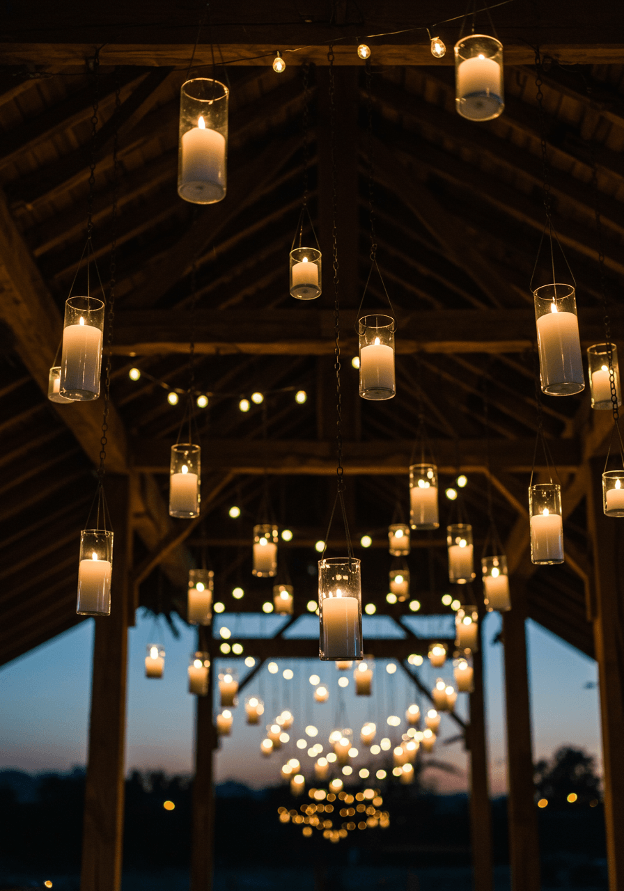 Dramatic hanging candle installation with dozens of pillar candles suspended at varying heights from dark wooden beams in elegant barn venue