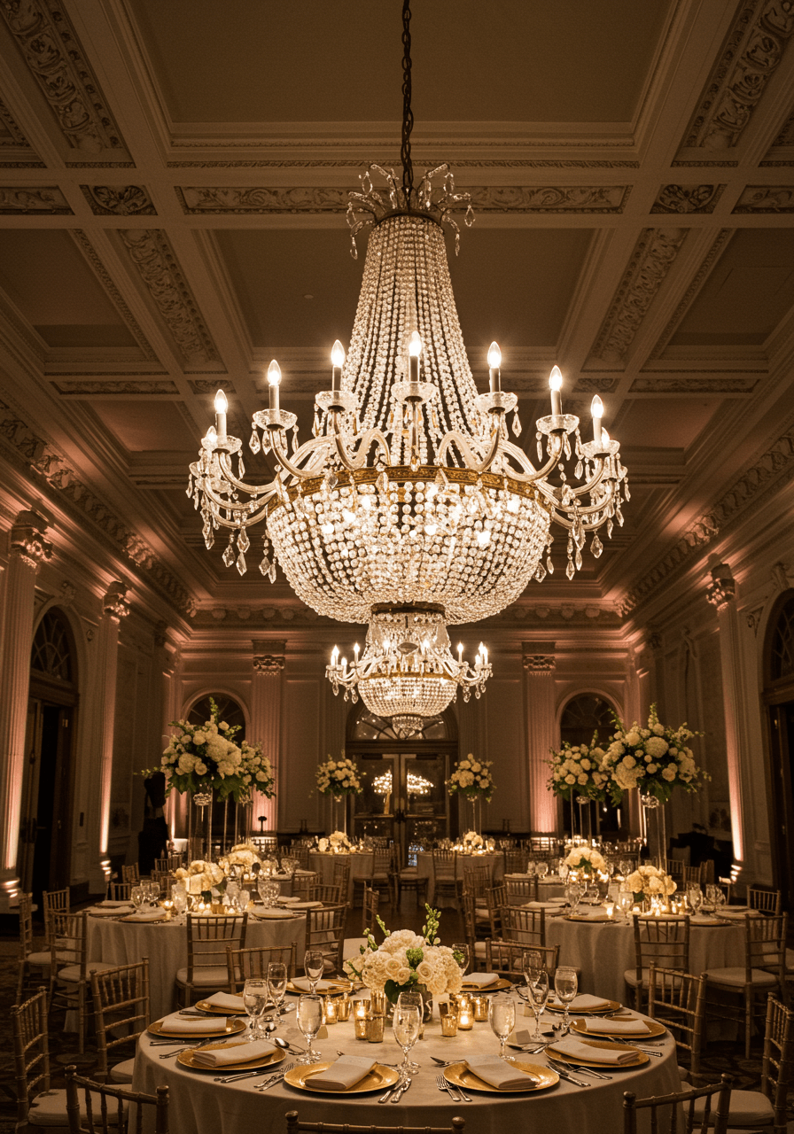 Magnificent crystal chandelier suspended above elegantly set reception tables with ivory linens and gold charger plates in opulent ballroom