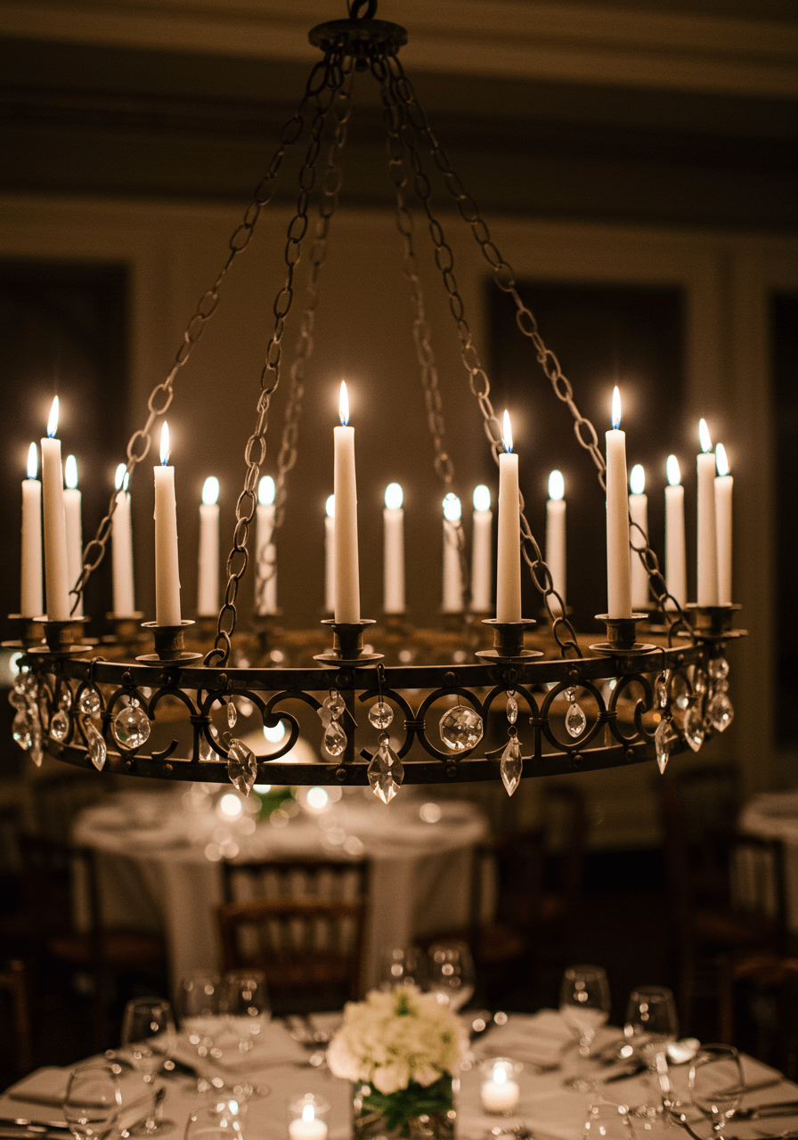 Ornate chandelier-style hanging candle installation with white tapered candles in circular metal framework suspended above elegant dining tables