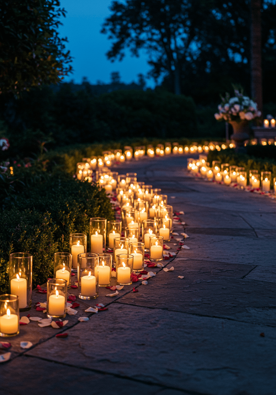Winding stone pathway lined with dozens of glowing votive candles in clear glass holders creating romantic walkway through garden venue during twilight