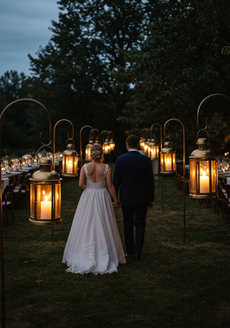 Bride and groom walking hand in hand between rows of glowing vintage brass lanterns hanging from shepherd's hooks at outdoor evening wedding reception