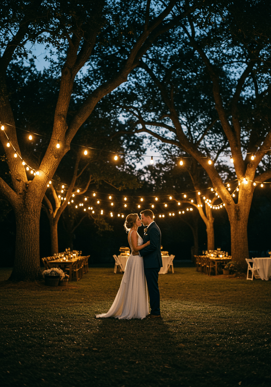 Bride and groom sharing intimate moment at outdoor reception under canopy of warm bistro lights strung between mature oak trees during twilight