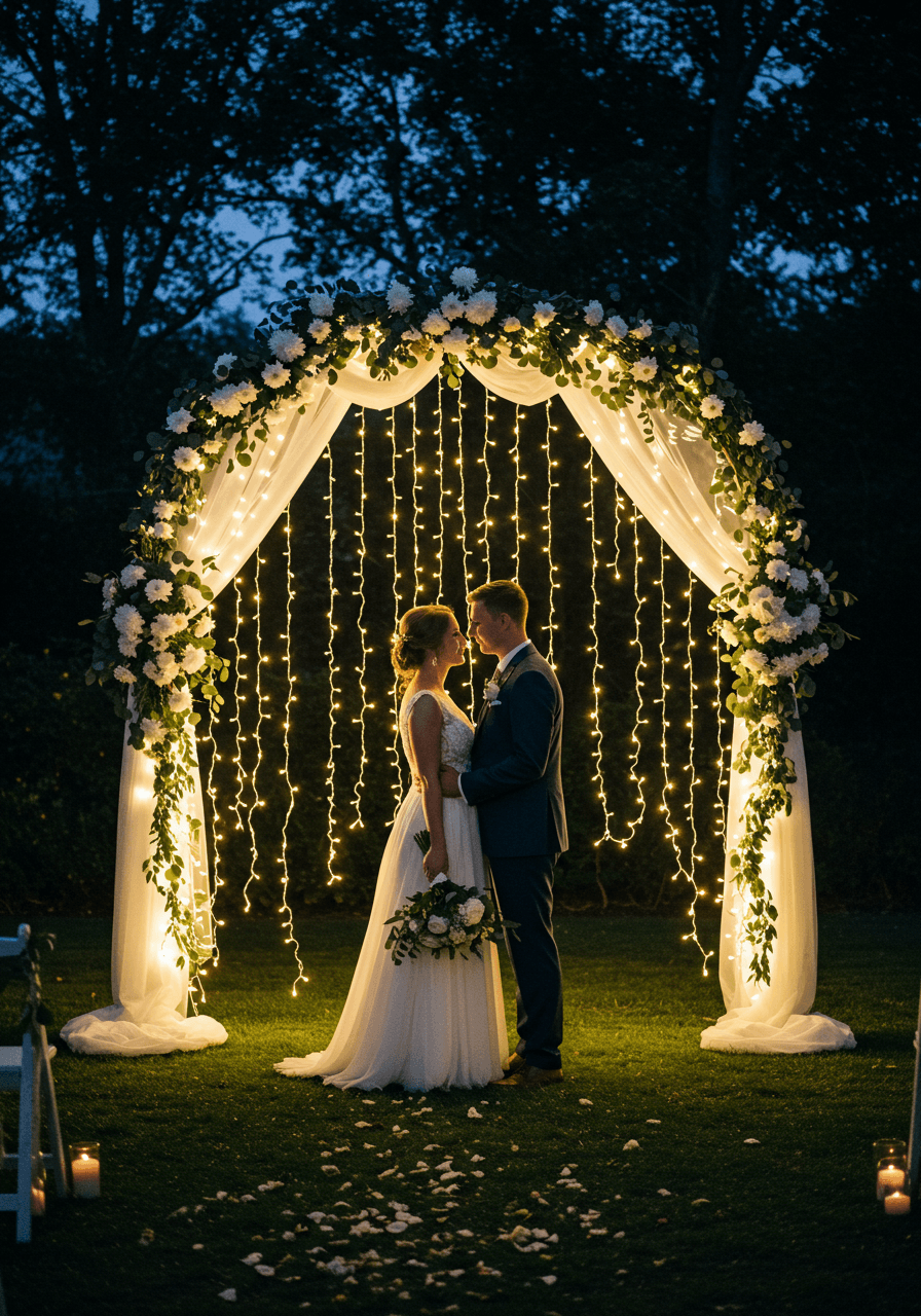 Bride and groom standing beneath romantic wedding arch adorned with cascading fairy lights and white flowers in garden setting during twilight