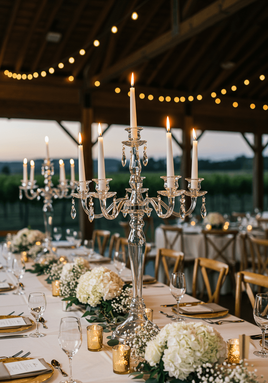Elaborate crystal candelabra with seven flickering candles positioned on long rectangular dining table in rustic vineyard reception space during twilight