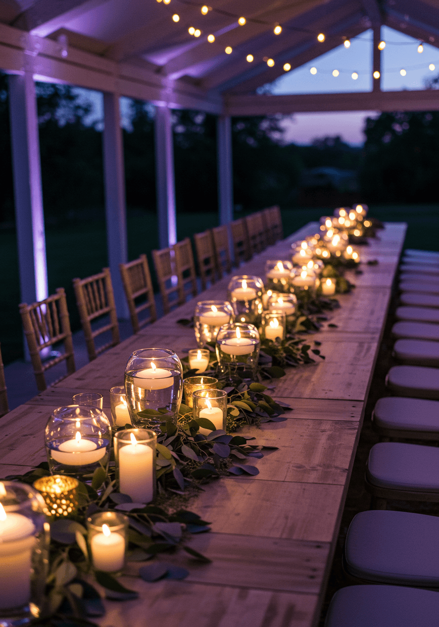 Multiple glass bowl centerpieces with floating candles creating luminous pathway down long banquet table in outdoor garden pavilion during twilight