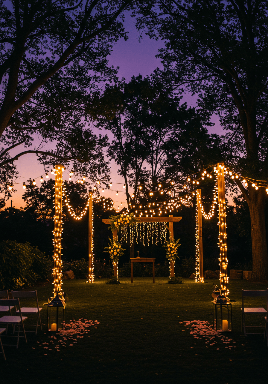 Wedding ceremony altar with elegant string lights draped in cascading swags between tall wooden posts creating luminous backdrop in outdoor garden during twilight