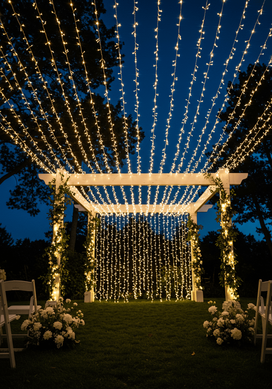 Close-up view of illuminated garden wedding arbor with string lights and white floral arrangements against twilight sky