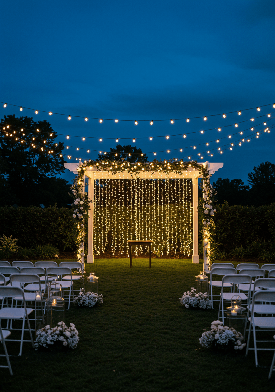 Wedding ceremony altar adorned with cascading string lights creating luminous backdrop between white wooden posts in manicured garden setting during twilight