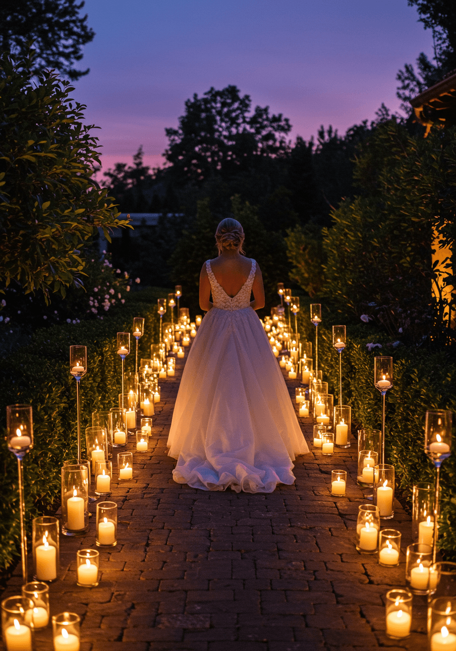 Bride in flowing white wedding dress walking slowly along winding garden pathway lined with glowing votive candles during twilight evening