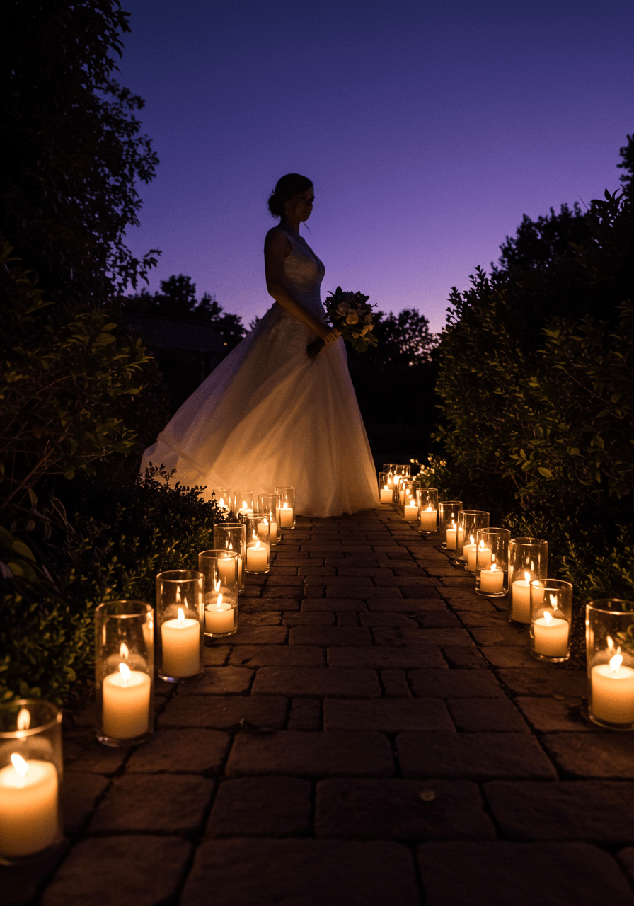 Romantic close-up of bride walking candlelit cobblestone pathway with flowing dress illuminated by warm votive glow