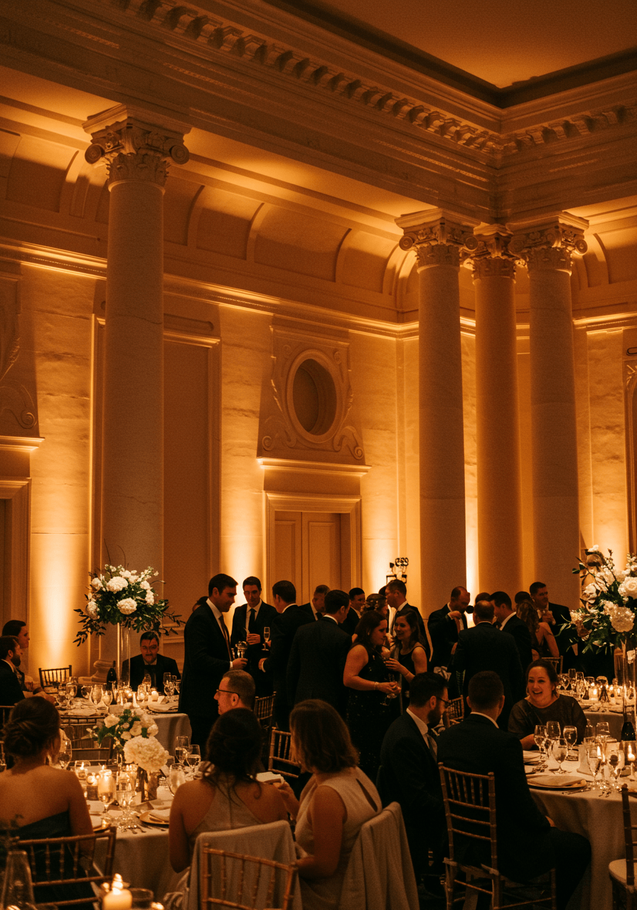 Wedding guests mingling in upscale reception venue with warm amber and soft pink LED uplighting illuminating walls and architectural features during evening