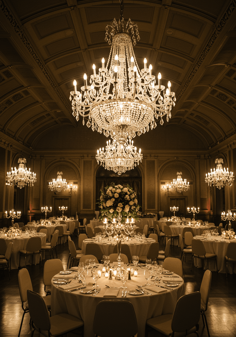 Crystal chandelier hanging majestically in elegant wedding reception venue with round tables set for dinner during evening