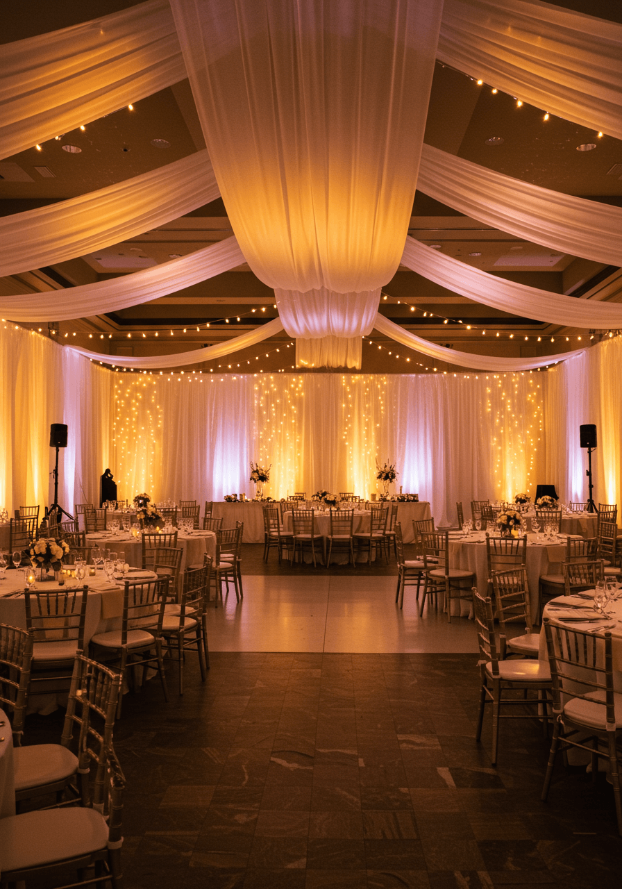 Empty wedding reception venue showcasing dramatic LED uplighting with warm amber and pink lights illuminating white draped walls during evening setup