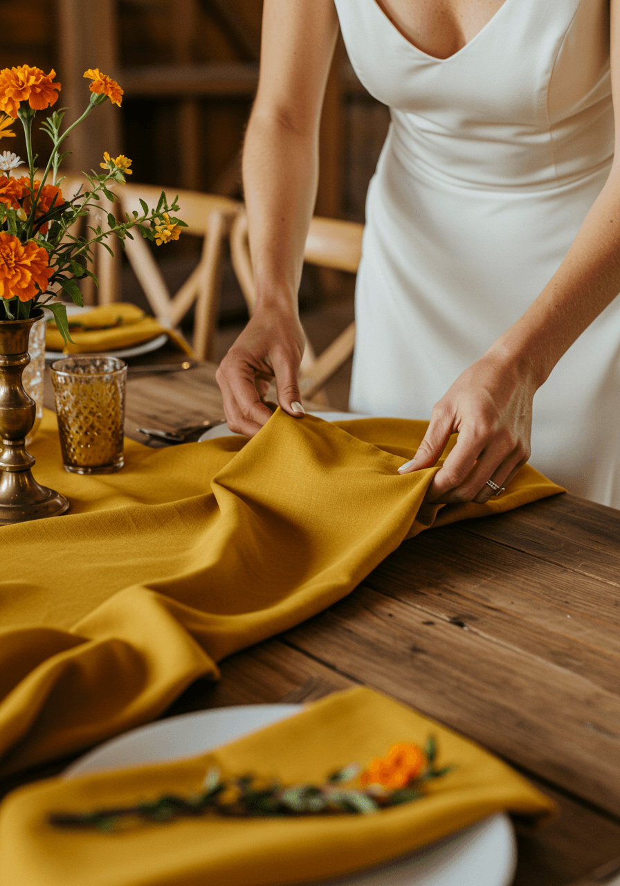 Bride in ivory silk dress adjusting mustard yellow napkins on reception tables with coordinating yellow runners