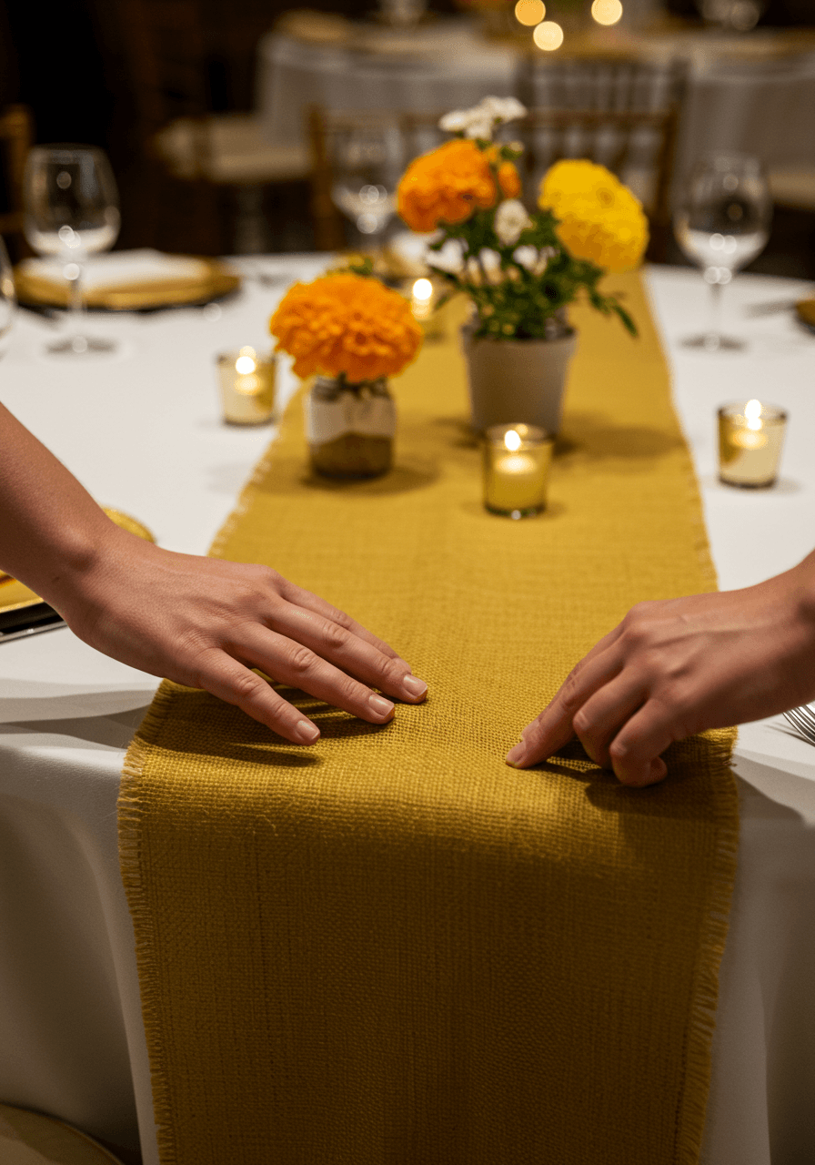 Hands smoothing textured mustard yellow burlap table runner across round reception table in elegant ballroom setting