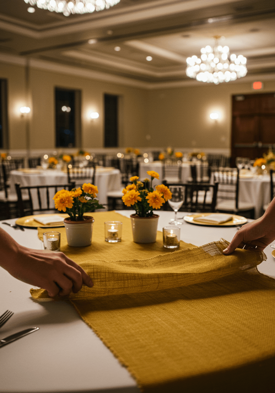 Close-up detail of hands arranging mustard yellow burlap runner with gold charger plates and ivory napkins
