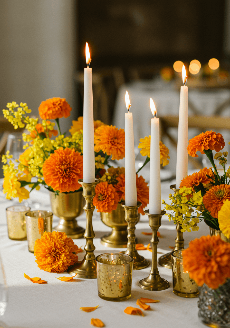 Elegant brass and gold candles surrounded by fresh marigold flowers on white linen wedding reception table