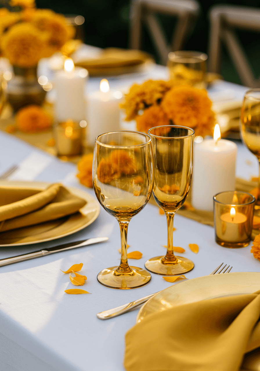 Macro detail of textured amber glassware with warm golden hour lighting and marigold accents