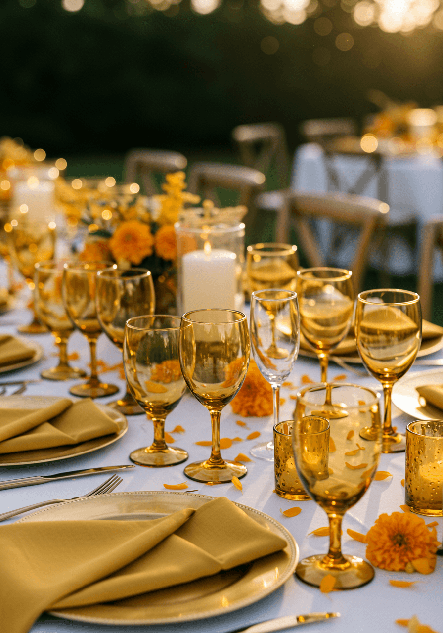 Golden amber wine glasses and champagne flutes arranged on white linen with scattered marigold petals