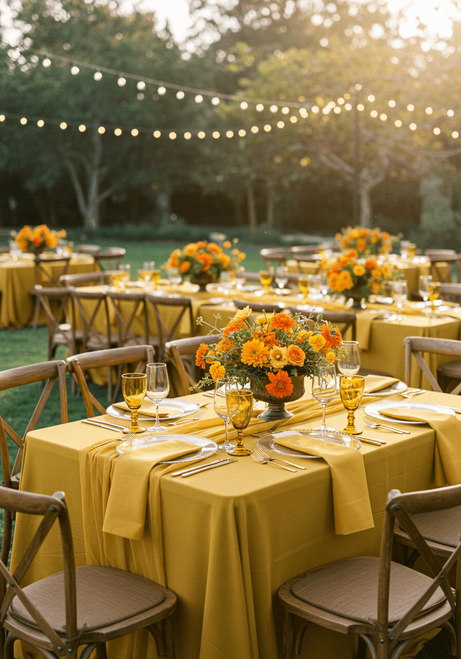 Wedding reception table with mustard yellow linens and napkins coordinated with marigold floral centerpieces