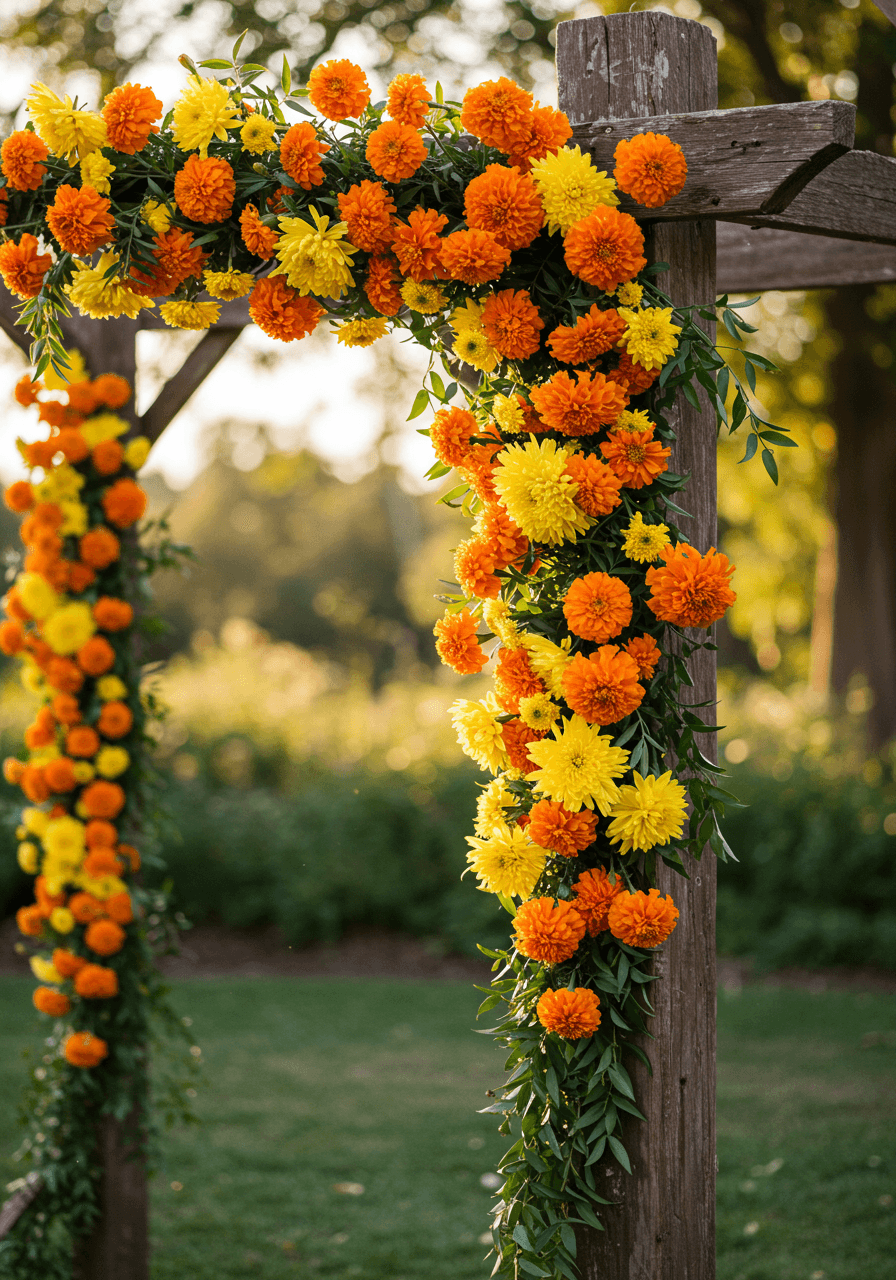 Stunning cascading marigold and mustard yellow floral arrangement flowing down rustic wooden wedding arch during golden hour